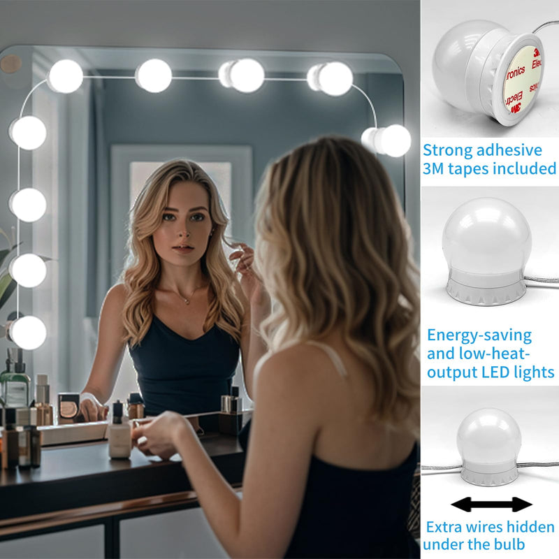 LED Vanity Mirror Lights with 12 Stick On Dimmable Bulbs, 3000K 4500K 6500K & 10 Brightness Levels Adjustable, Plug in USB Cable, Hollywood Style Mirror Lights for Makeup Desk Bathroom Dressing Room 12 Bulbs - NewNest Australia