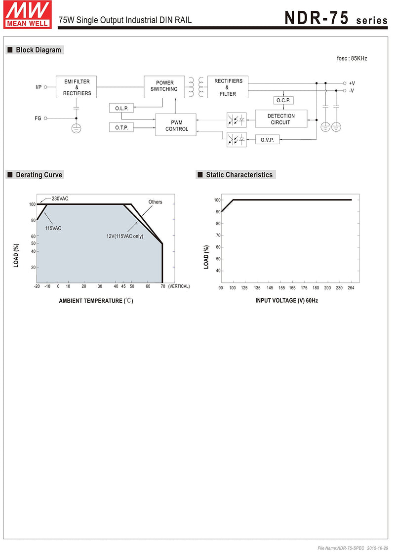 MEAN WELL MW NDR-75-24 24V 3.2A DIN Rail Power Supplies
