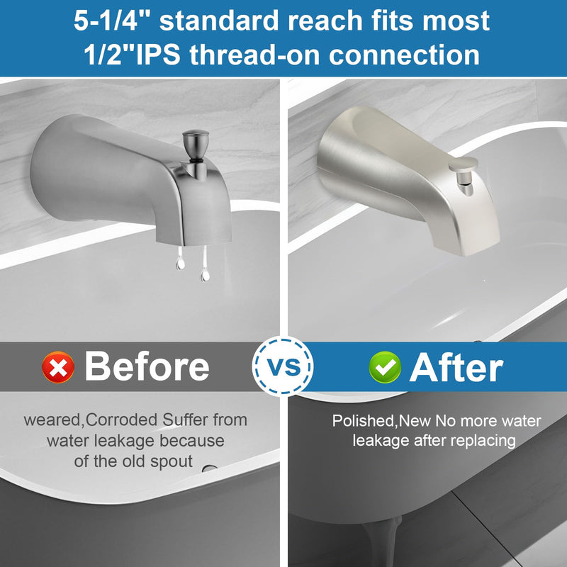 5 1/4 Inch Bathroom Brushed Nickel Tub Spout with Diverter, for 1/2'' IPS Inside Thread, Bathtub Faucet for Wall Front Mount, Bath Tub Faucet Compatible with Westbrass E531D-1F-62