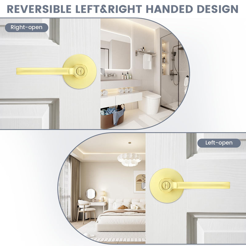 1 Pack Gold Interior Door Handle with Lock,Privacy Door Lever for Bedroom or Bathroom,Keyless Round Door Lock Interior for Left and Right Hand Reversible