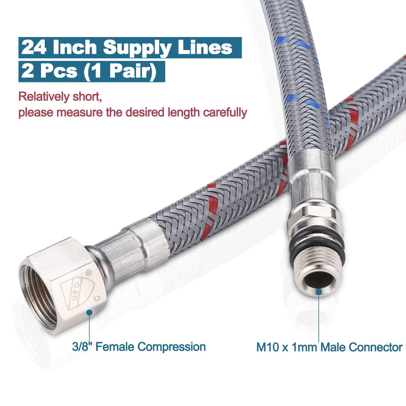 ARCORA 24" Bathroom Faucet Hose, Braided Nylon cUPC Supply Lines 3/8" Female Compression Thread × M10 Male Connector (1 Pair) 24 Inch