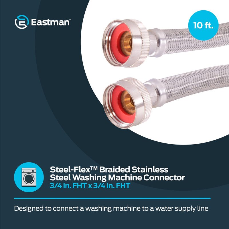 Eastman 10 foot Washing Machine Hose, 3/4 Inch FHT x 3/4 Inch FHT, Braided Stainless Steel Washing Machine Connectors, 48640 10 Ft.