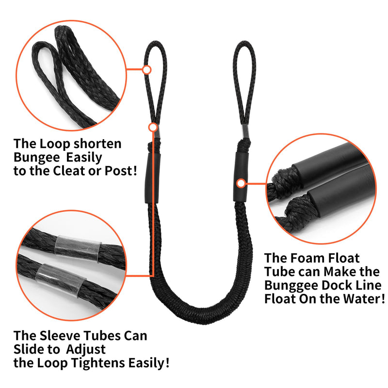 NewDoar 2 Pack Bungee Dock Lines,4FT Mooring Rope 2200LBS Boat Dock Anchor Line with Side Foam Floats for Sailboat, PWC, Kayak, Wooden Boat,Surfboard, Watercraft Accessories(4FT,Black) Black-2pcs