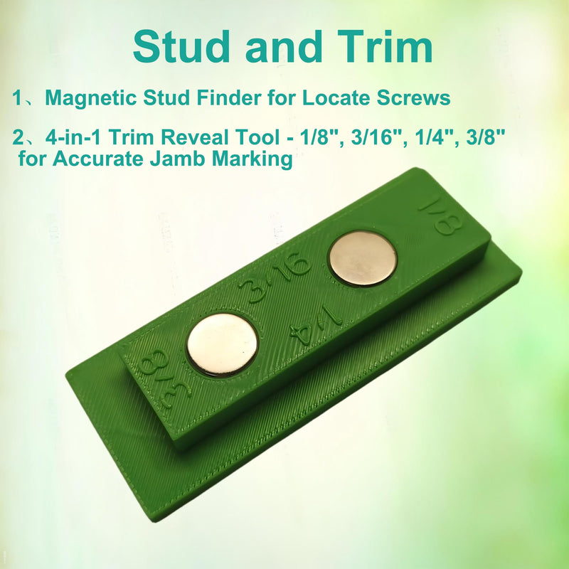 Stud and Trim,4-in-1 Trim Reveal Tool - 1/8", 3/16", 1/4", 3/8" trim reveal gauge for Accurate Jamb Marking,Magnetic Stud Finder for Locate Screws,(Green)