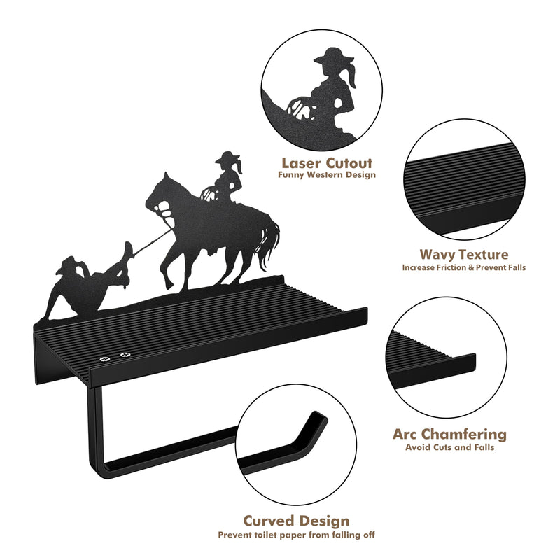 Western Toilet Paper Holder with Shelf, Rustic Farmhouse Toilet Paper Holder Funny Cowboy Bathroom Decor, Country Western Bathroom Accessories Metal Toilet Paper Roll Holder for Wall Mount Bathroom