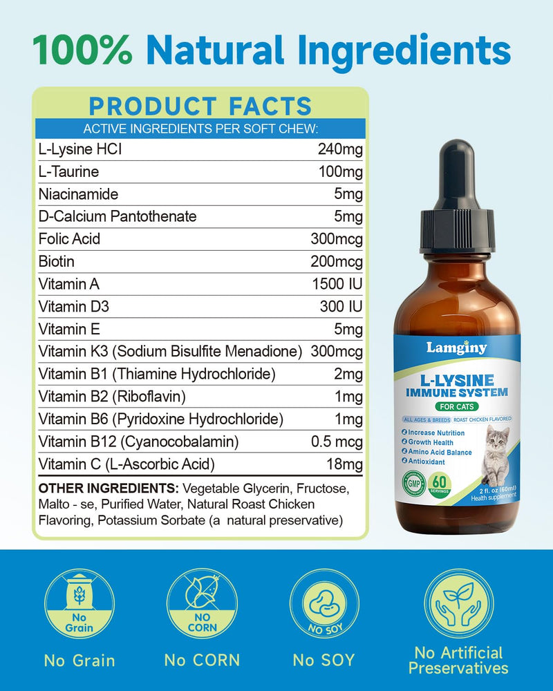Lysine Supplement for Cat, Immune Support for Cats, with L-Lysine HCI, Niacinamide, L-Taurine, Folic Acid, Vitamins, Runny Nose, Sneezing & Allergy Relief, Respiratory Health, Eye Function Supplement