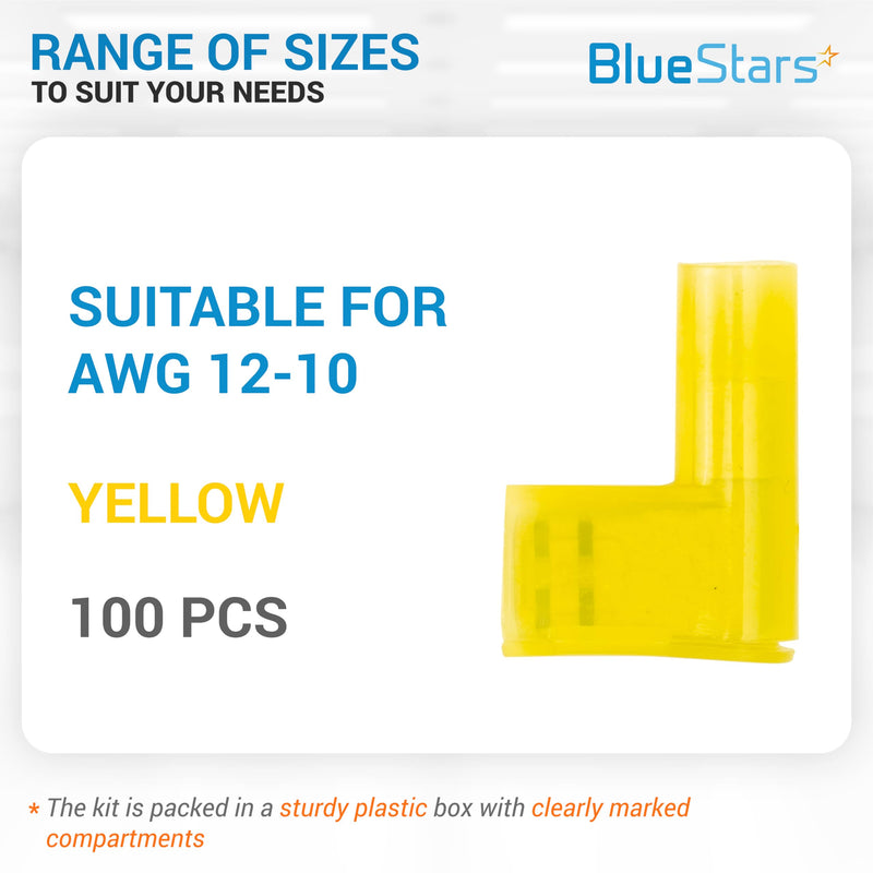 BlueStars 100 PCS Yellow Flag Spade Terminals Female AWG 12-10, 400V, 24A Electrical Connectors Kit, Nylon Flag Spade Quick Disconnects Female Wire Connector - Right Angle Yellow - 100 pieces