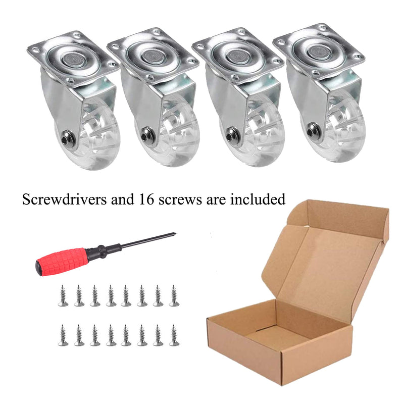 Swivel Casters Set of 4, 2 Inch Caster Wheels for Furniture, Crystal Clear Polyurethane Furniture Casters-Rolling Castors with 360 Degree Plate for Cabinet,Ottoman,Bench (500 Lbs,Screws Included) 2",4 Swivel,Clear