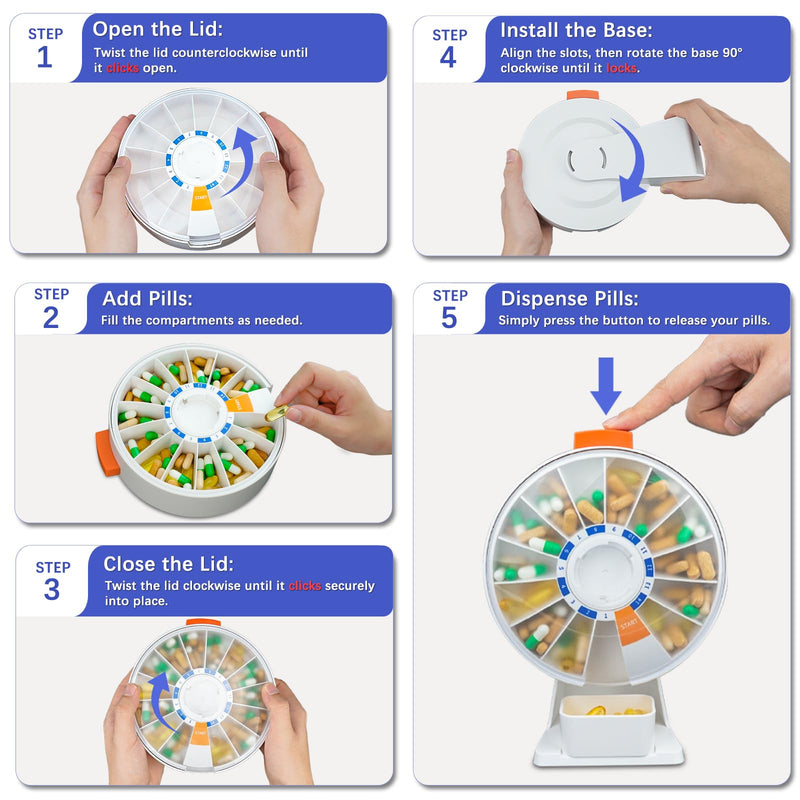 Cruxer Large Pill Organizer 7 Day 2 Times a Day & 14 Day Pill Dispenser, Arthritis Friendly Push-Button Design with Labels, Wall-Mounted & Standing Use, Weekly Pill Box for Vitamins & Medications