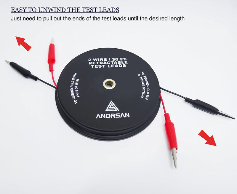 2 Wire 30’ Retractable Test Leads with 2” Alligator Clips, 18 Gauge Electrical Copper Wire, Impact-Resistant Reel, Black