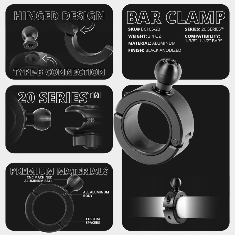 Tackform 20 Series BC1 Bar Clamp with 20mm Aluminum Ball | Billet Aluminum Clamp with Rubber Insert for 1-3/8" and 1-1/2" Bars ONLY | Black 1-3/8" and 1-1/2"