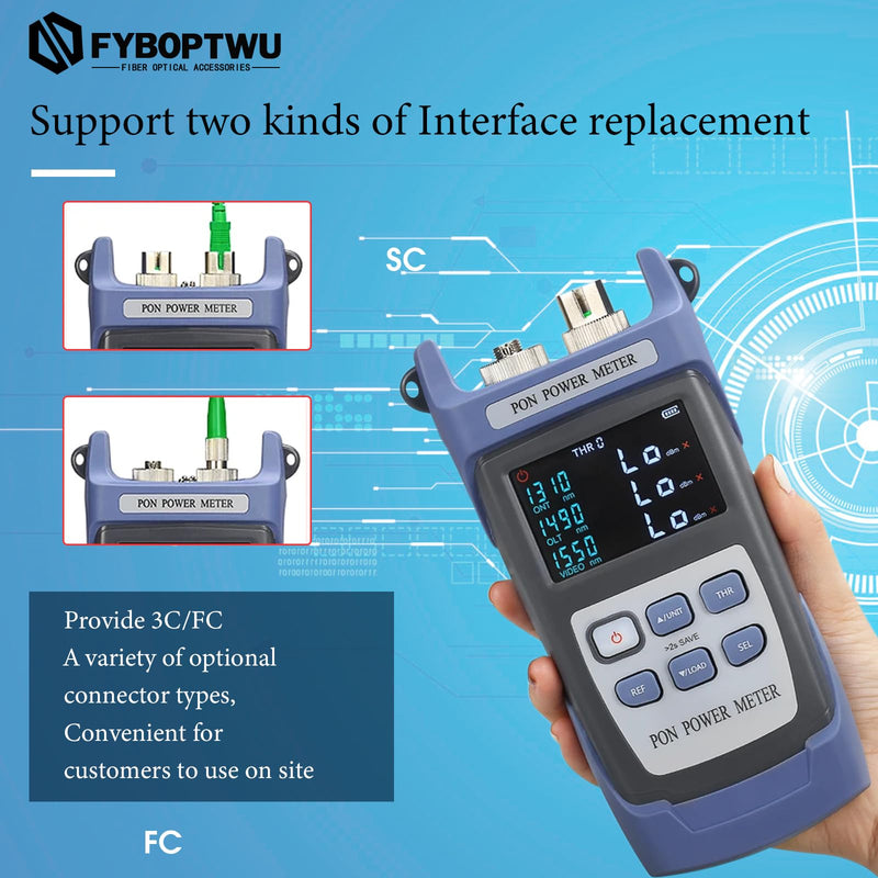 Optical Fiber Cable APC PON Power Meter Tester Tool ONT OLT Handheld PON Network Detection Online Fiber Tester with FC SC APC Adapter SC-APC