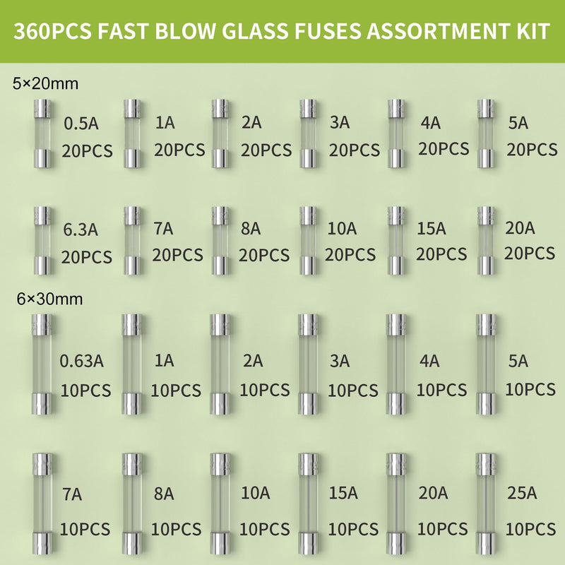 Joinfworld 360Pcs Fast Blow Glass Fuse Assortment Kit 24 Values Automotive Fuses Kit 250V 0.5A 0.63A 1A 2A 3A 4A 5A 6.3A 7A 8A 10A 15A 20A 25A 5x20mm & 6x30mm Glass Fuses