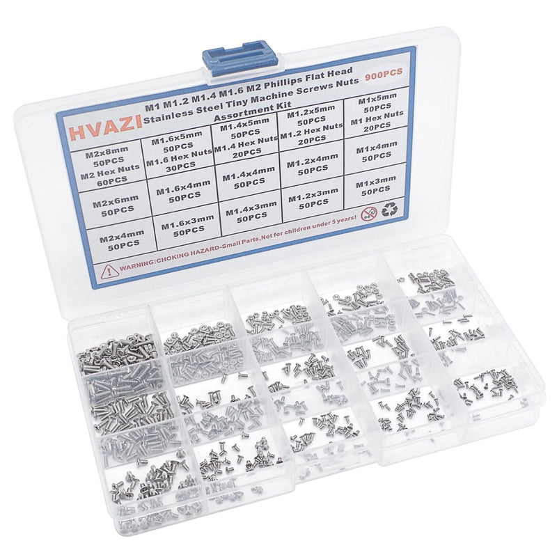 Metric 900PCS Metric M1 M1.2 M1.4 M1.6 M2 Phillips Countersunk/Flat Head Stainless Steel Tiny Machine Screws Nuts Assortment Kit M1M1.2M1.4M1.6M2