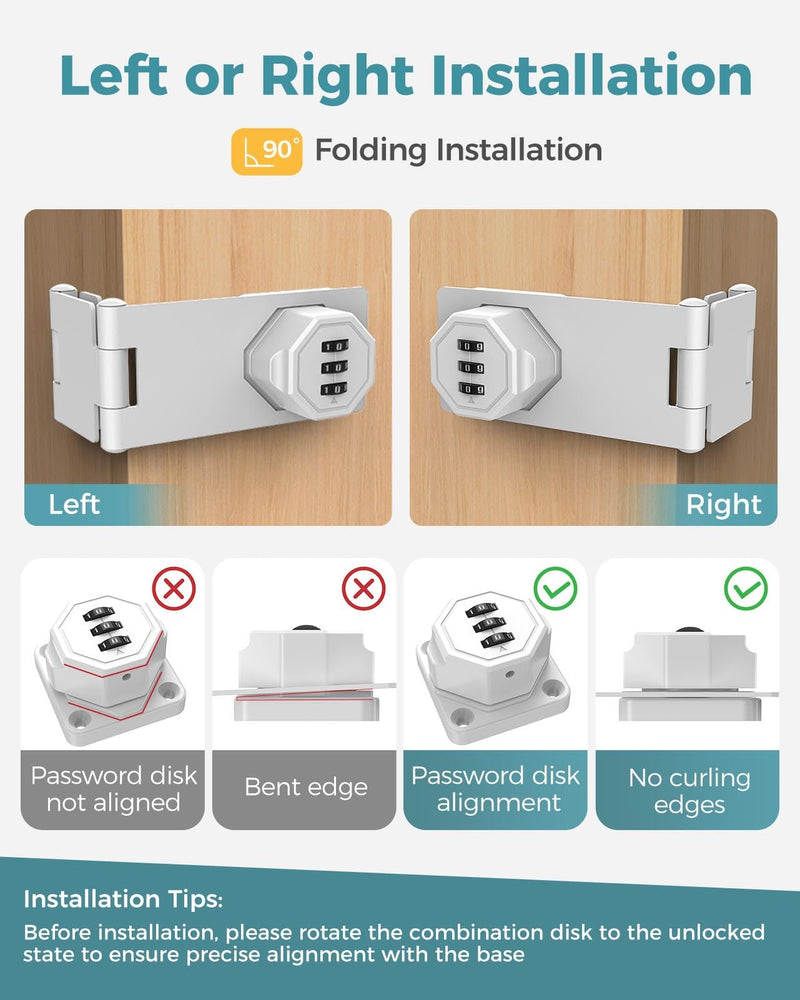 90 Degree Cabinet Combination Door Lock Latch, Zinc Alloy Password Rotary Hasp Lock, Keyless Folding Latches for Office File Cabinet, Drawers, Cupboard, Small Doors, Locker (2, White) 2