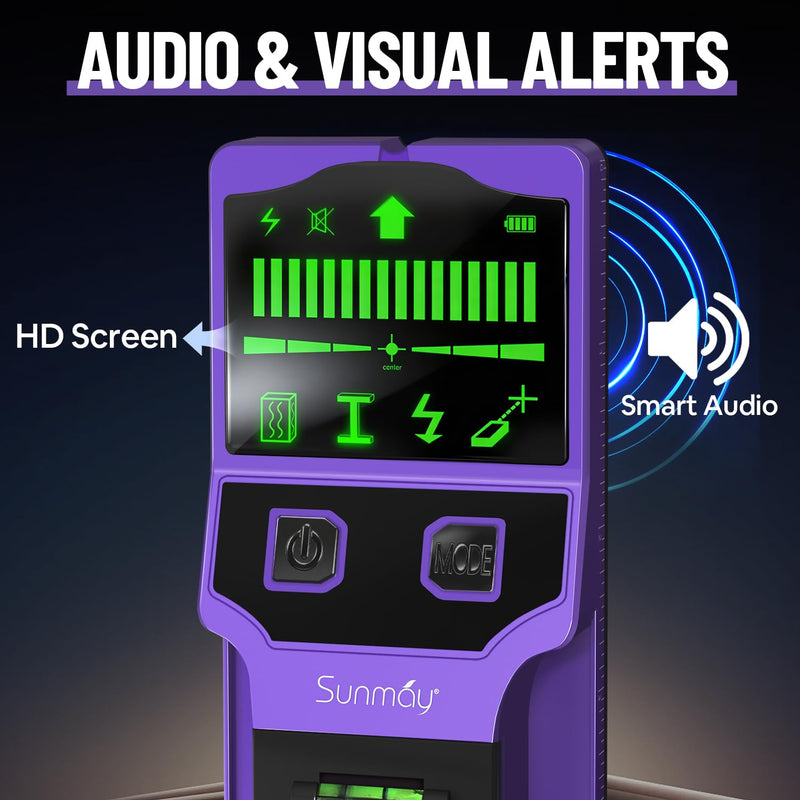 SUNMAY Stud Finder Wall Scanner, 7-in-1 Electronic Stud Sensor & Wall Detector for Center & Edge of Wood Metal Studs Joists AC Wire Pipe, HD LCD Display with Voice Alarm, Deep Scan Mode Purple