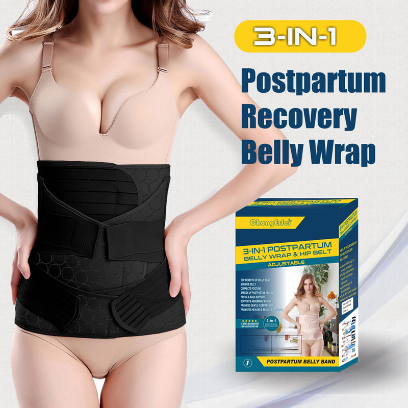 ChongErfei 3 in 1 Postpartum Belly Wrap - Recovery Belly/Waist/Pelvis Belt Black Postpartum Belly Band,Black L/One Size Large(One Size)