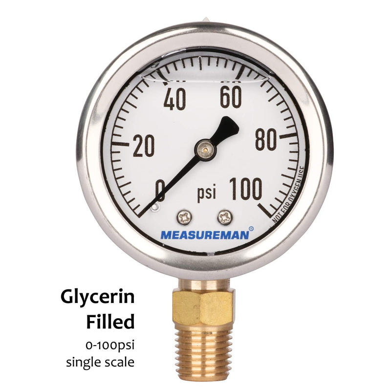 MEASUREMAN 2" Dial Size, Glycerin Filled Plumbing Pressure Gauge, 0-100psi, Black Steel Case, 1/4" NPT Lower Mount 0-100 psi Lower Mount Single Scale