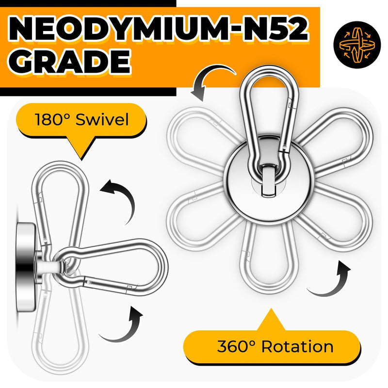 VNDUEEY Strong Magnetic Hooks, 100Lbs 4 Pack Neodymium Grade-52 Magnet Hooks Heavy Duty with Swivel Carabiner Hook for Hanging, Cruise, Garage, Refrigerator, Kitchen, Office, Home 100LBS-4 Pack
