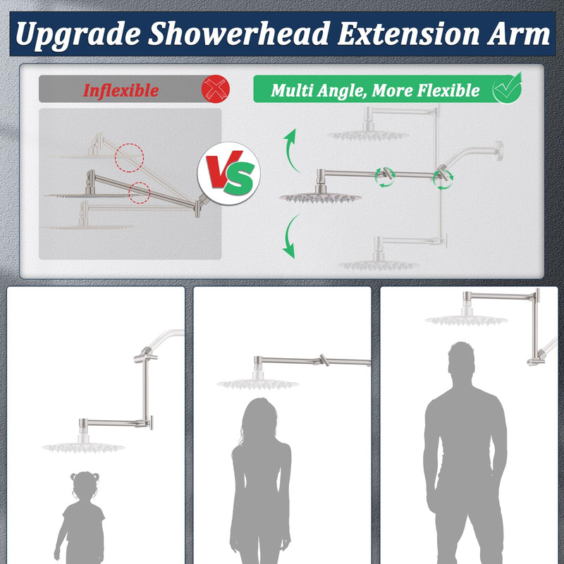 Solid Brass Shower Head Extension Arm, 13 Inch Adjustable Shower Arm - Height & Angle Adjustable Extender, Universal G1/2 Connector for Rainfall or Fixed Showerhead (Brushed Nickel) Brushed Nickel - NewNest Australia