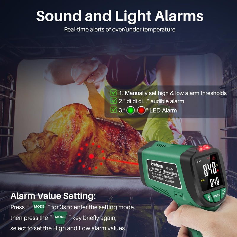 Infrared Thermometer for Cooking, Gedaye Surface Laser Temperature Gun with Laser Pointer 13:1, Metal Probe, Adjustable Emissivity, -58℉ to 1562℉, Thermal Thermometer Gun for Pizza Oven Engine HVAC Green