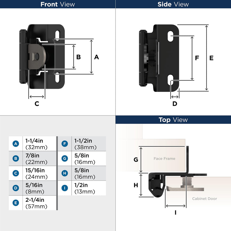 Amerock BPR8719FB | Cabinet Hinge | 1/2 in (13 mm) Overlay Single Demountable | Partial Wrap | Matte Black | Kitchen Cabinet Door Hinge | 1 Pair/2 Pack | Functional Hardware 1/2 inch (13mm) Overlay