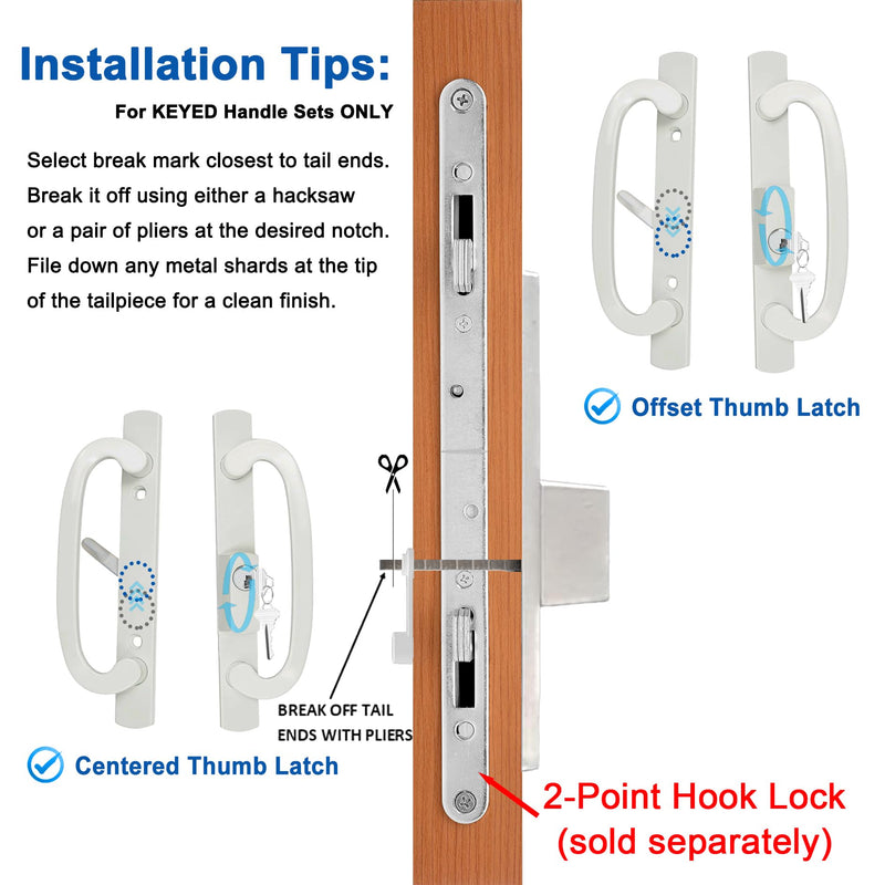 Keyed Sliding Patio Glass Door Handle Set Fits for Truth Legacy & Sash Controls P/N #2265, 45° Keyway w/o Mortise Lock, 3-15/16" Hole Centers, Non-Handed, White Diecast, A/B Position