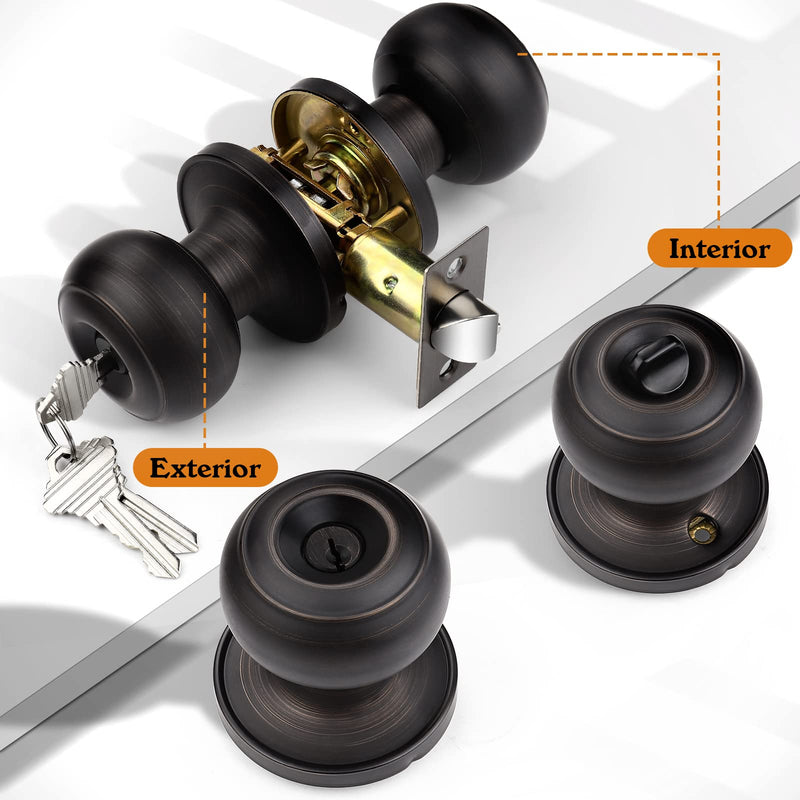 Probrico Door Knobs with Lock and Key, Exterior Door Locks, Flat Ball Knob Style, Oil Rubbed Bronze, 1 Pack