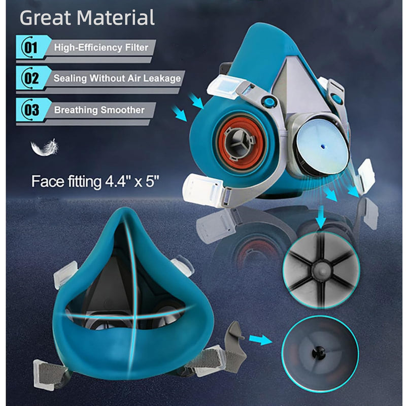 Reusable 2 Sets Blue Half Face Cover for Chemical, Epoxy Resin, Spray Painting, Sanding, Woodworking, Welding Work Blue-without Goggle