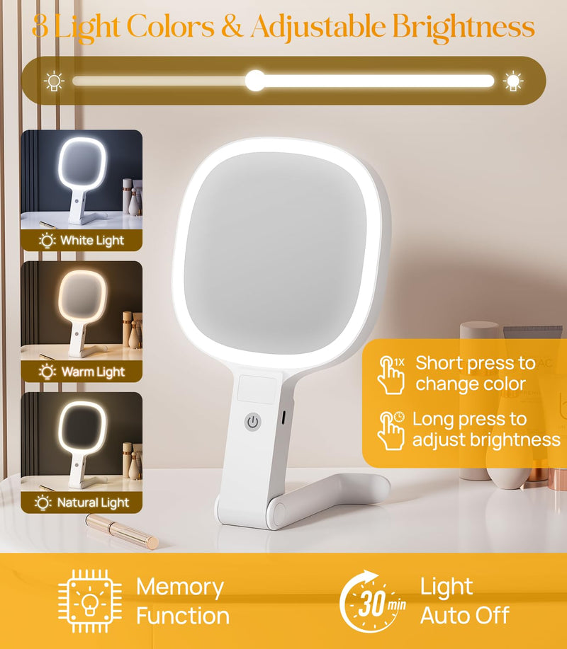 Gospire 6.8" Travel Vanity Mirror, 3-in-1 Hanging/Handheld/Desktop Use with Dual-Side Buttons, 1X/10X Magnification, 3-Color Dimmable LED, Auto Memory + Velvet Pouch (White) White