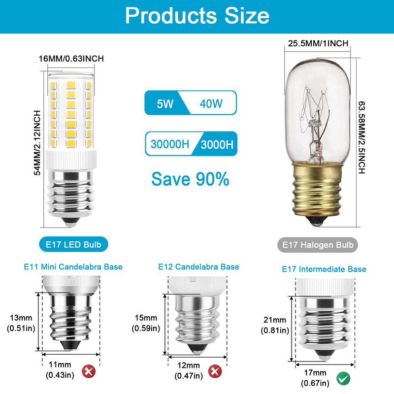 E17 LED Bulbs Dimmable 5W Microwave Over Stove Bulb, 40W Incandescent Equivalent, Daylight White 6000K, Fit for Whirlpool Maytag GE Kenmore LG Microwaves, Replaces 8206232A 1890433 AP4512653, 2 Pack