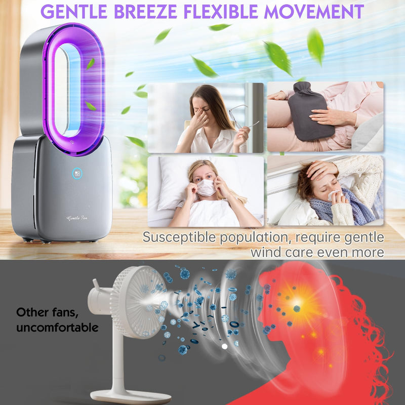 Misby Rechargeable Desk Fan, 5-color LED Light Bladeless Table Fan of 11.8 Inch, Purple Desk Fans Small Quiet for Bedroom, Home, Office Grey/Purple