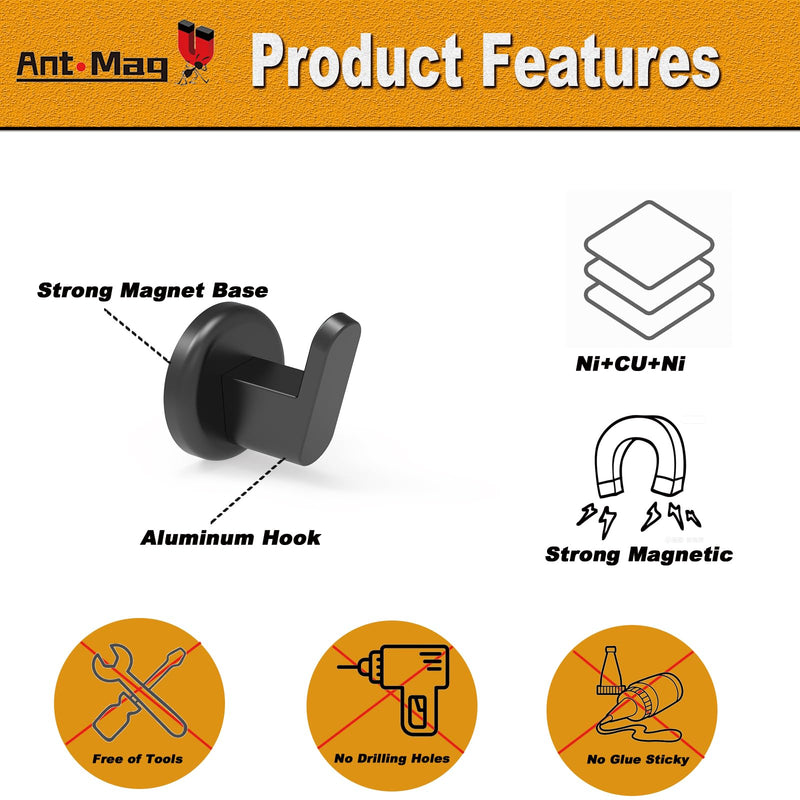 Ant Mag Magnetic Hooks Heavy Duty for Hanging Utensils Grills Keys Coats for Home Kitchen Refrigerator 4 Pack ST42 Black 4