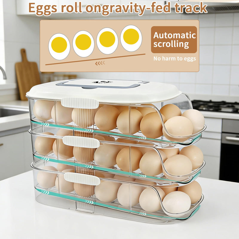 Egg Dispenser for Refrigerator, 3-Layer Clear Plastic Egg Holder Adopt Transparent PET Material & Hidden Handle Design – Egg Organizer for Refrigerator with Cover Lock Buckle (Capacity of 42 Eggs) Capacity of 42 Eggs