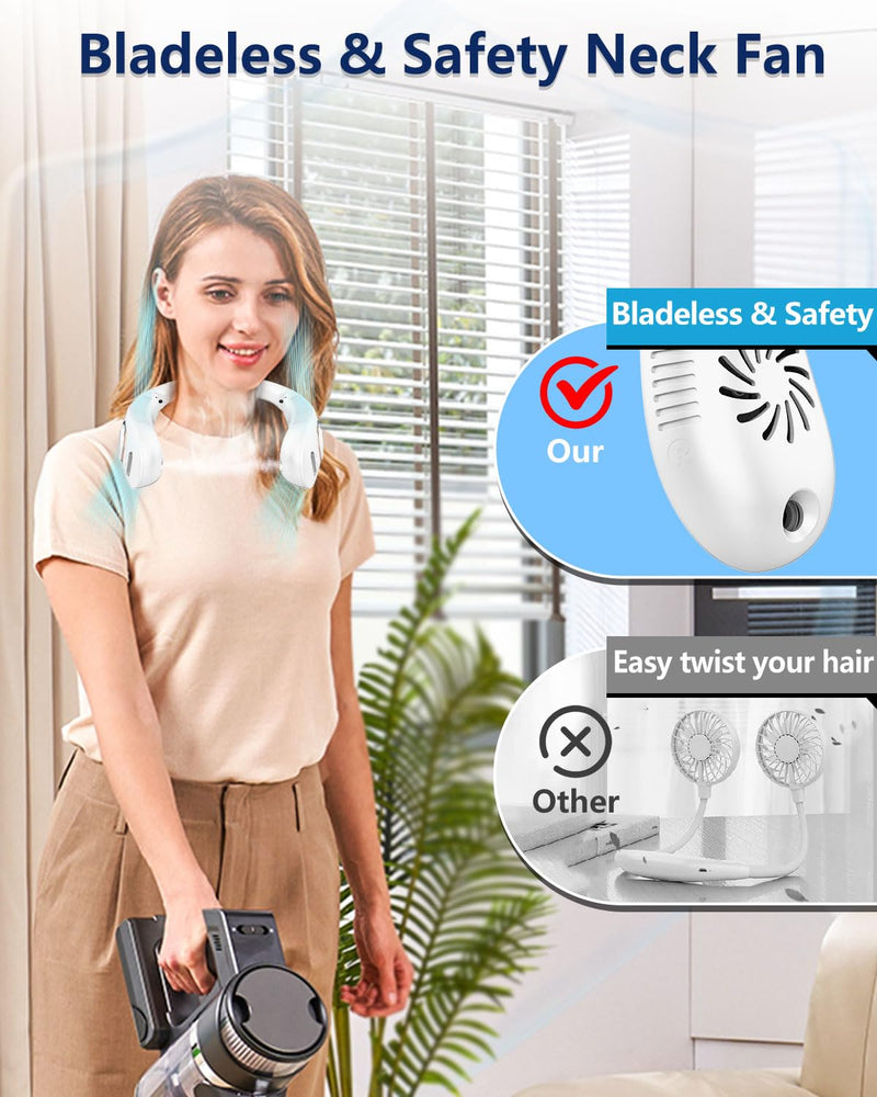 Neck Fan with Mist, Portable Neck Fans that Blow Cold Air,Folding Bladeless Personal Fan Mister, 5 Speeds USB-C Rechargeable Battery Operated Cooling Mising Fan for Women Men Kids White