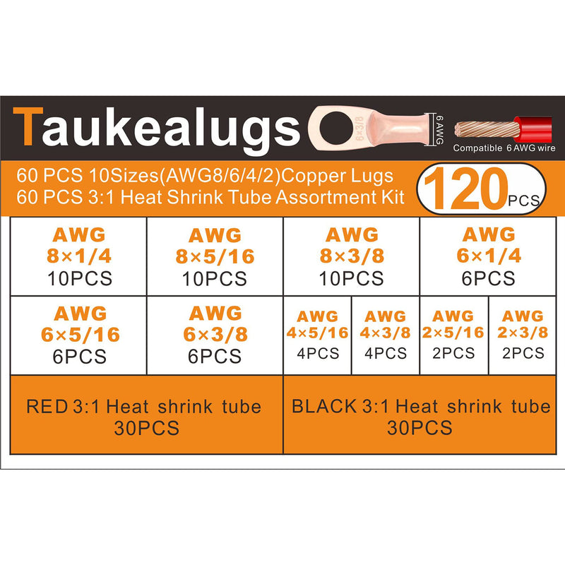 120Pcs AWG 8 6 4 2 Copper Wire Lugs Set,60Pcs Battery Cable Closed End Tubular Ring Terminals Connectors with 60Pcs 3:1 Adhesive Heat Shrink Tube AWG8- 2