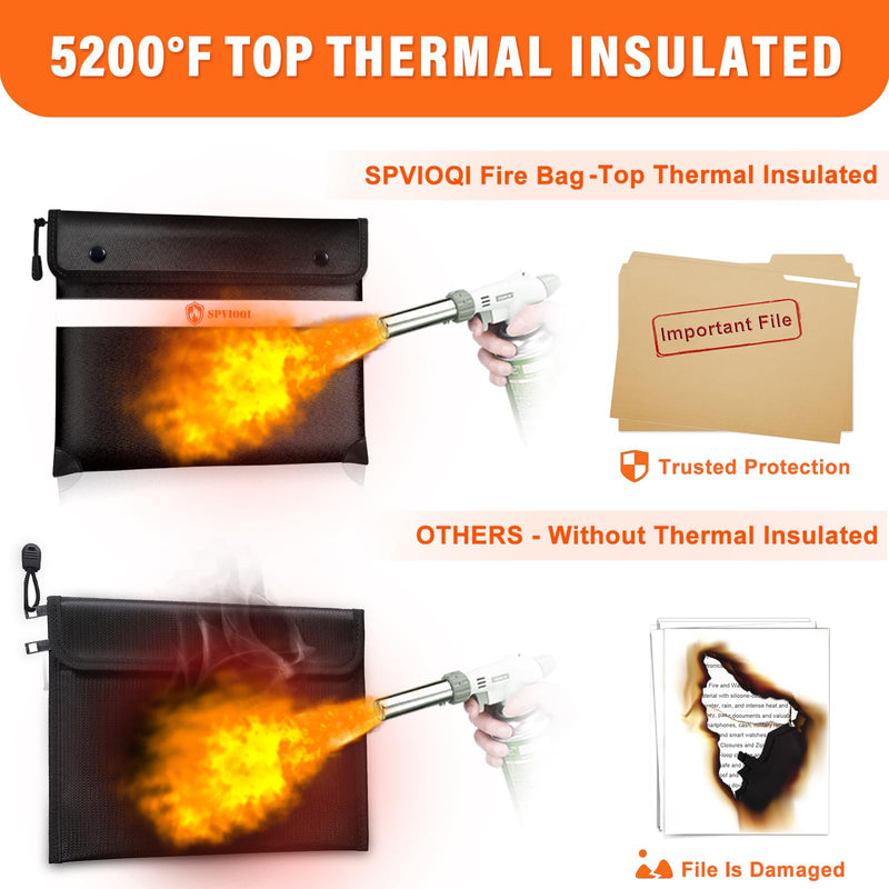 Fireproof Document Bag 5200°F with Heat Insulated, Fireproof Money Bag for Cash with Zipper and Reflective Strip, 14.2” X 11” Fireproof Safe Storage Pouch for Valuables Black 14.2" x 11"