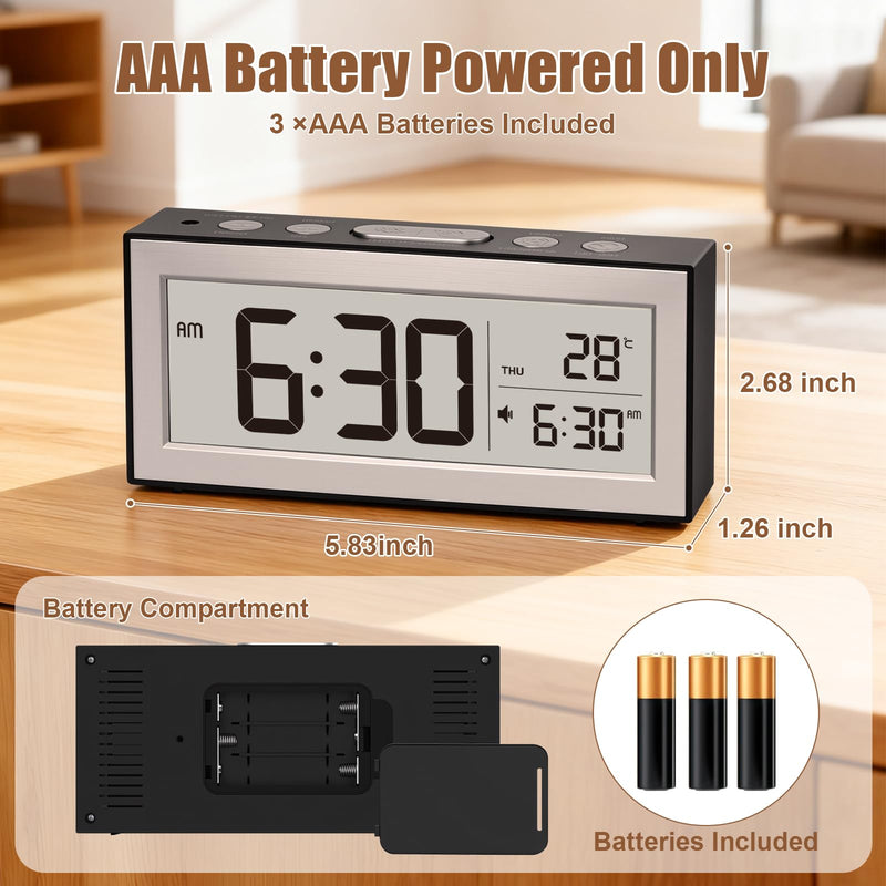 ALANAS Battery Operated Alarm Clock, Portable Digital Clock with Large Display, Snooze, Temperature & Date, Auto-Dim Night Light for Easy Reading, Ideal for Seniors, Kids, Bedroom, Travel, Nightstand Black