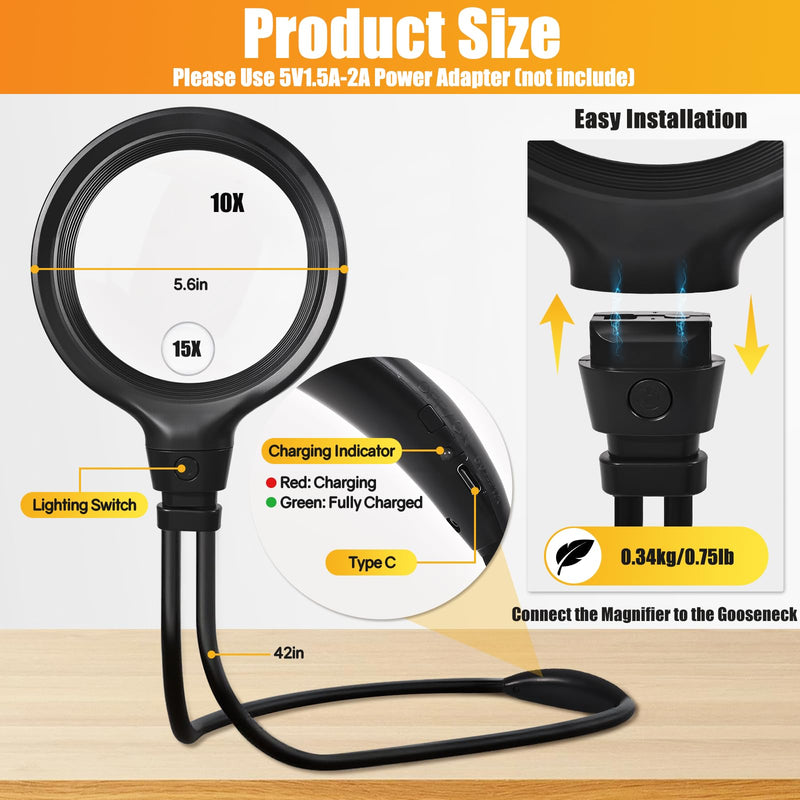 15X Hands Free Magnifying Glass with Light, 6 Light Modes, 1200mAh Rechargeable Neck LED Magnifier for Seniors & Low Vision, Needlepoint, Cross Stitch, Crafts, Reading, Sewing
