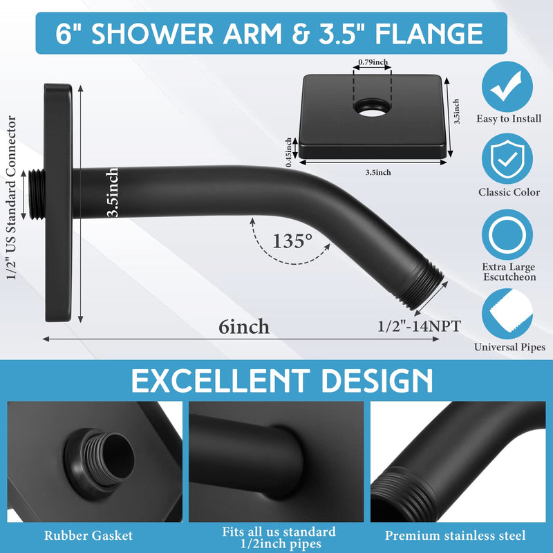 Lounsweer 3.5 Inch Shower Arm and Flange Wall Mount Replacement Shower Head Extension Extender Pipe Arm with 6 Inches Shower Head for Fixed Shower Head (Black) Black