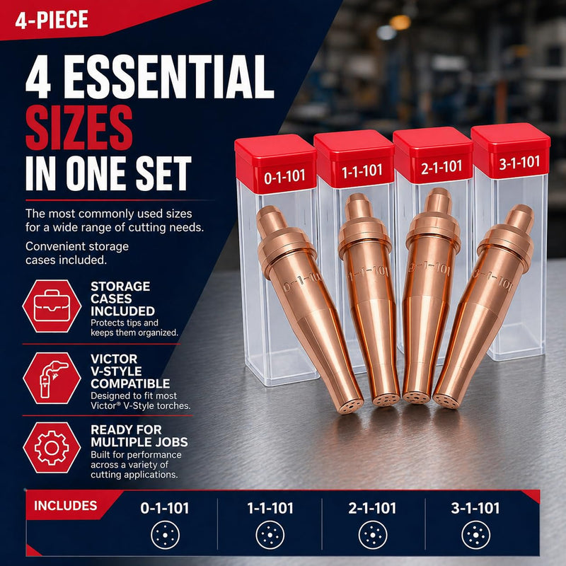 1-101 Cutting Torch Tips Set, 4 Pack Includes 0-1-101 1-1-101 2-1-101 3-1-101, Victor Style Compatible, Copper Oxygen Acetylene Tips for Welding and Metal Cutting