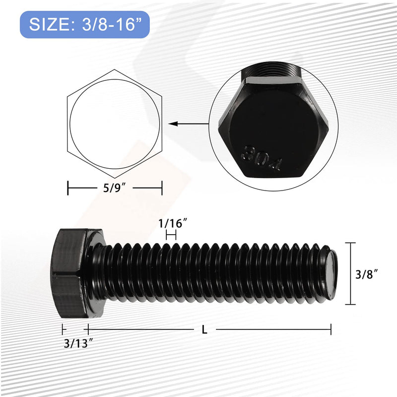 3/8-16 x 2“ Hex Head Bolts, Fully Threaded, Stainless Steel 304(18-8) Bolt, Black Oxide Finish, Quantity 8 3/8-16 x 2"