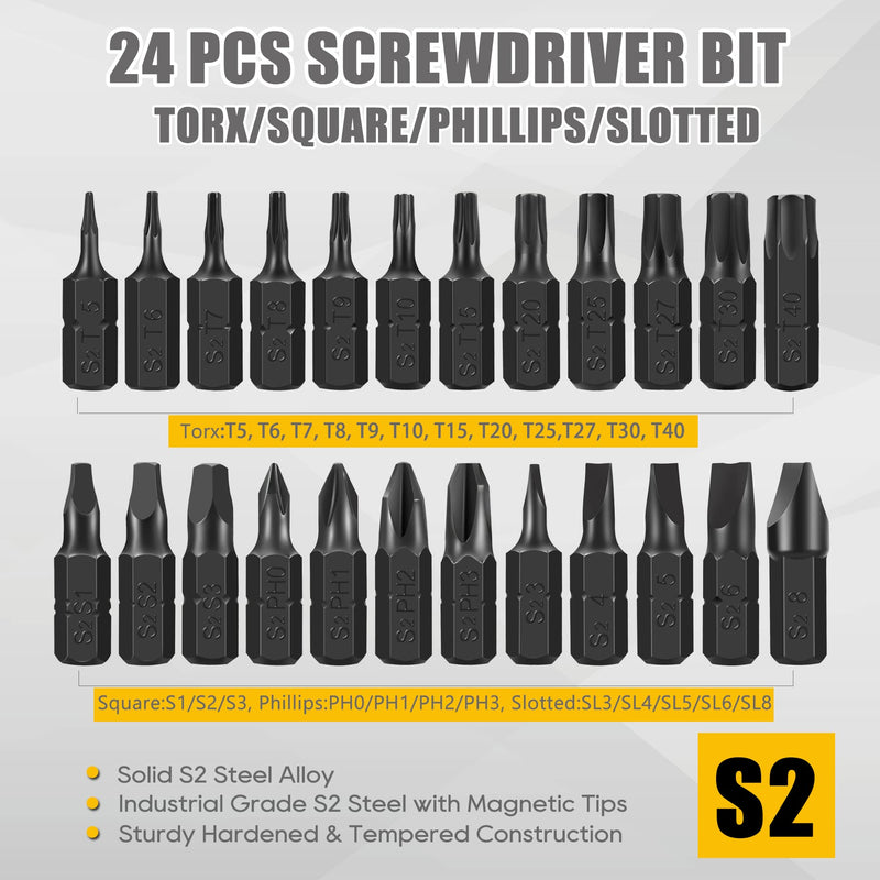 AEJ 49-Pack Screwdriver Bit Set, Hex Head Drill Bit Set, Torx Square Slotted Phillips Bit Set with 1/4" Bit Holder, 1/4 Hex Shank, S2 Steel, 1"Long 49PCS Torx/Hex/Slotted/Phillips/Square/Extension Bit Holder
