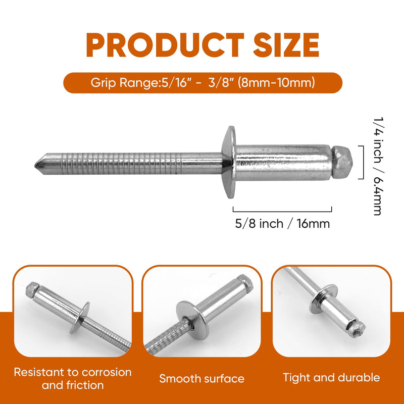 45 Pcs 1/4" x 5/8" Stainless Steel Blind Pro Rivets,6.4 x 16mm Pop Rivets,Stainless Steel Grip and Stainless Steel Mandrel 1/4" x 5/8"