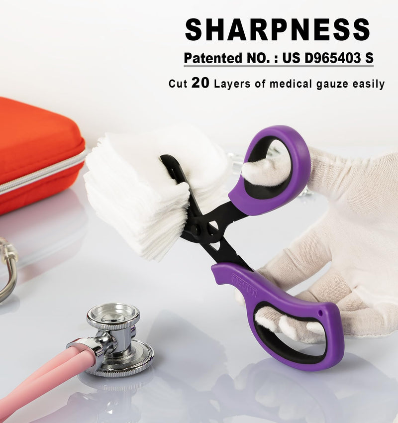 MEUUT 3 Pack Medical Scissors and penlights for Nurses with Four Batteries-One 8" Patented Trauma Scissor Bandage Scissor Two LED Pen lights for Nurse Doctor EMT First Aid Purple Scissor+purple&pink Penlight