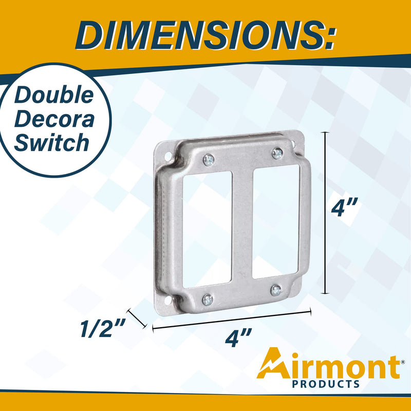 AP-12094, 4" Square Double Decora Switch Electrical Box Cover, 1/2" Raised, Exposed Work, Galvanized Steel, Crushed Corners, 2-Gang 2-Gang Decora Switch