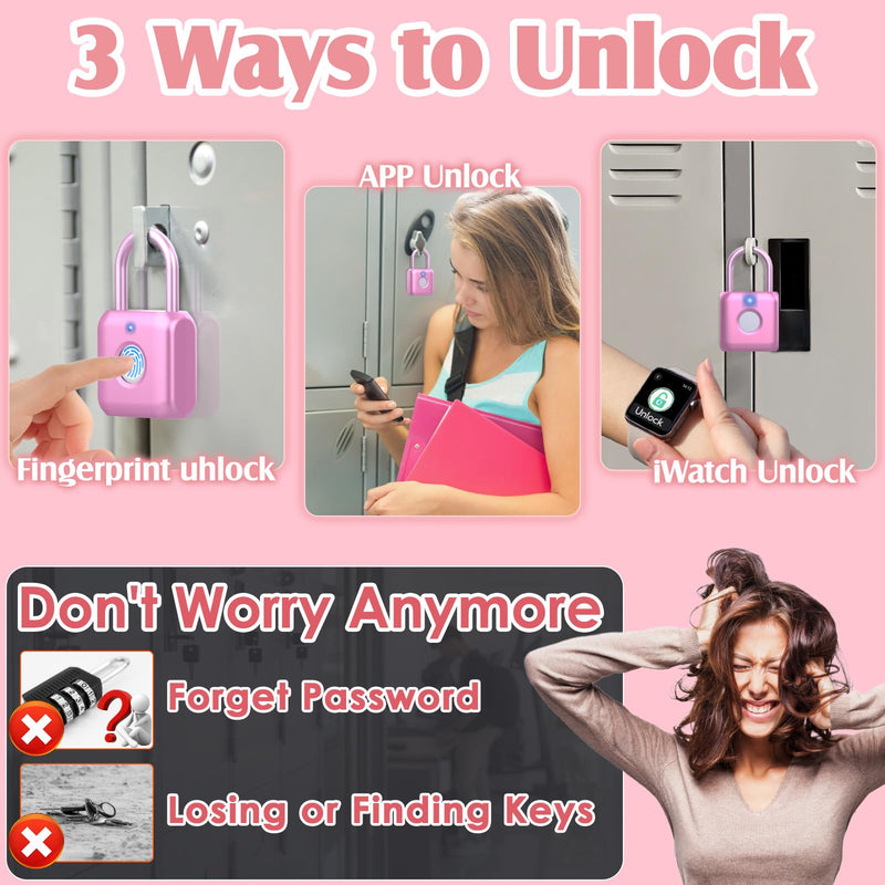 Pothunder Fingerprint Padlock, Smart Padlock, Locker Lock, Combination Lock, Fingerprint Lock with APP Unlock, USB Rechargeable, Suitable for Gym Locker, Door, Locker(Pink) Pink