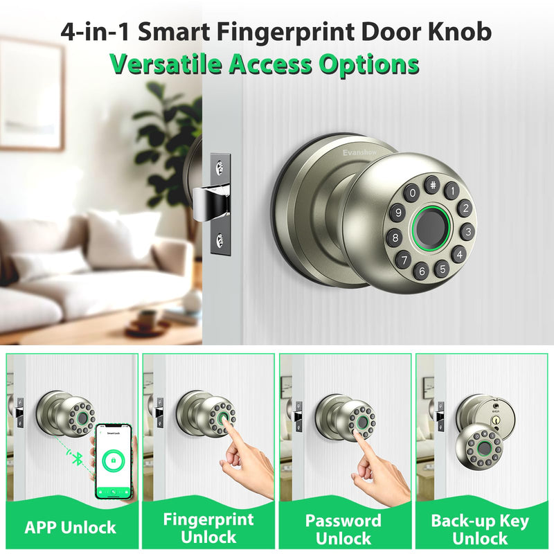 Smart Door Knob Fingerprint Door Lock 4-in-1 Keyless Entry (Fingerprint/App/Code/Key) with Auto-Lock Easy Install for Home/Bedroom/Office-Silver Silver