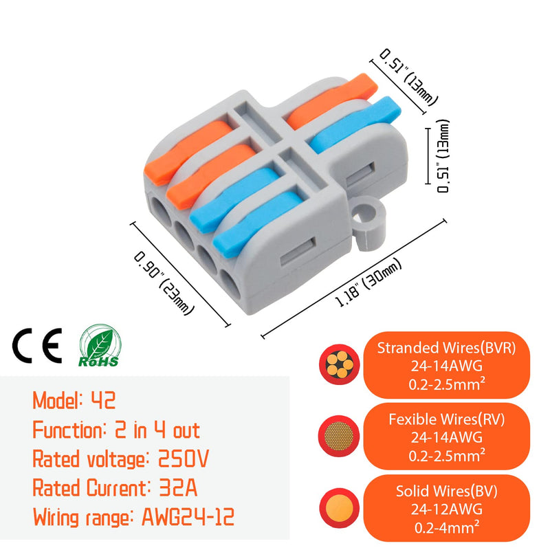 10Pcs Lever Wire Connectors, 2 in 4 Out Quick Wiring Cable Compact Electrical Connector for 24-12 AWG