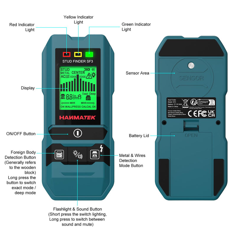 HANMATEK SF3 6-in-1 Stud Finder, High-Precision Wall Scanner for Wood, Metal, and Live AC Wires Detection – Ideal for Home Renovation and DIY Projects